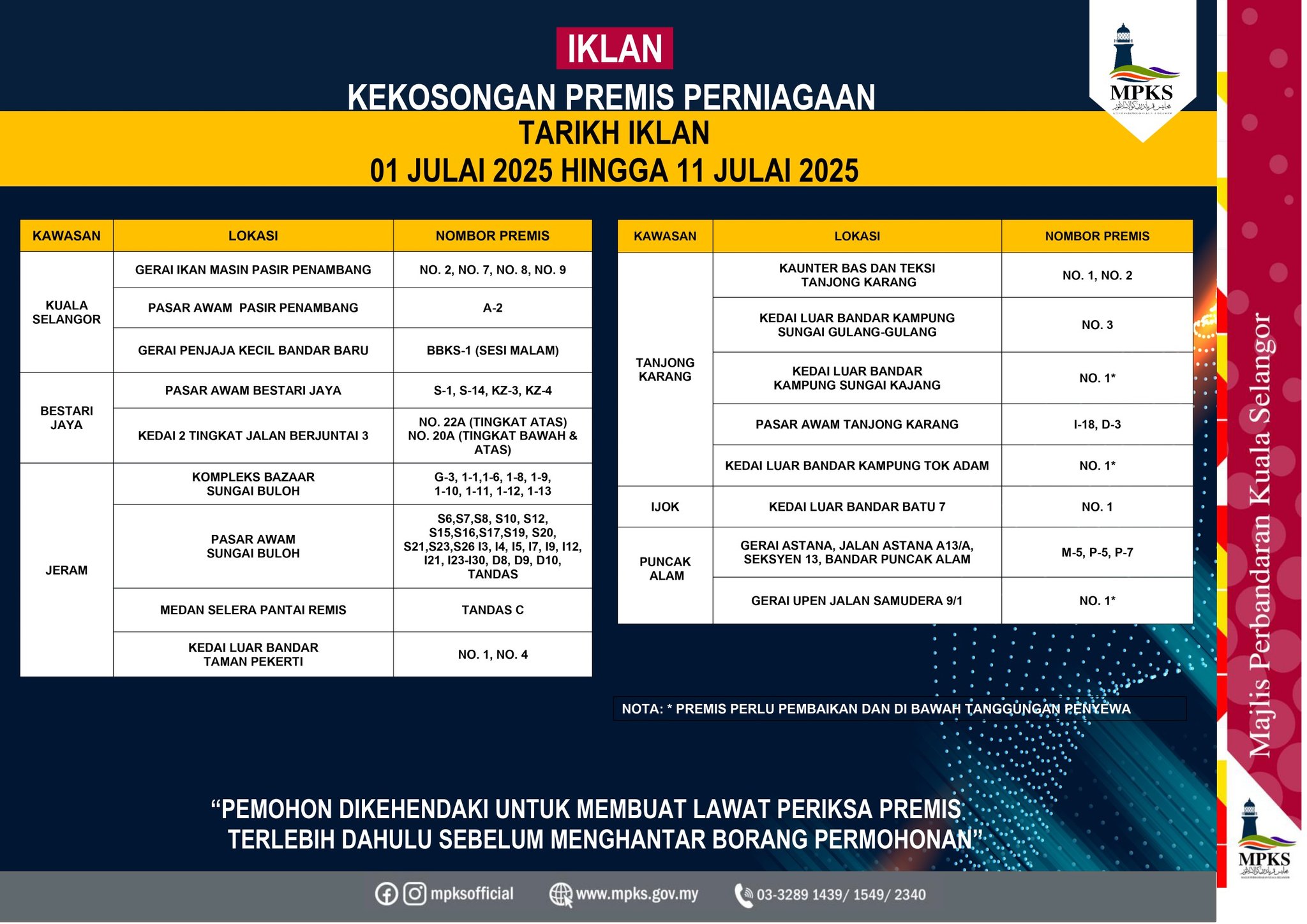 IKLAN KEKOSONGAN PREMIS PERNIAGAAN MAJLIS PERBANDARAN KUALA SELANGOR.